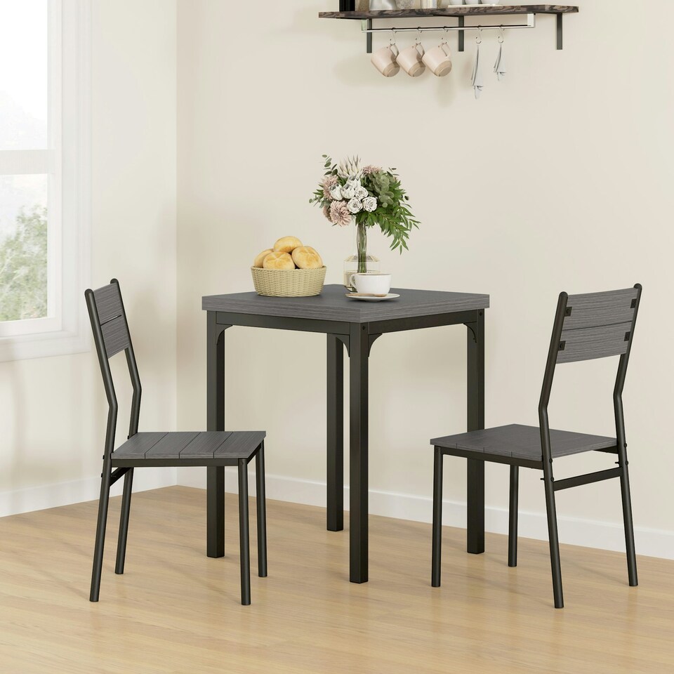 image 1 of HOMCOM 3 Pcs Compact Dining Table 2 Chairs Set Grey Wood Grain