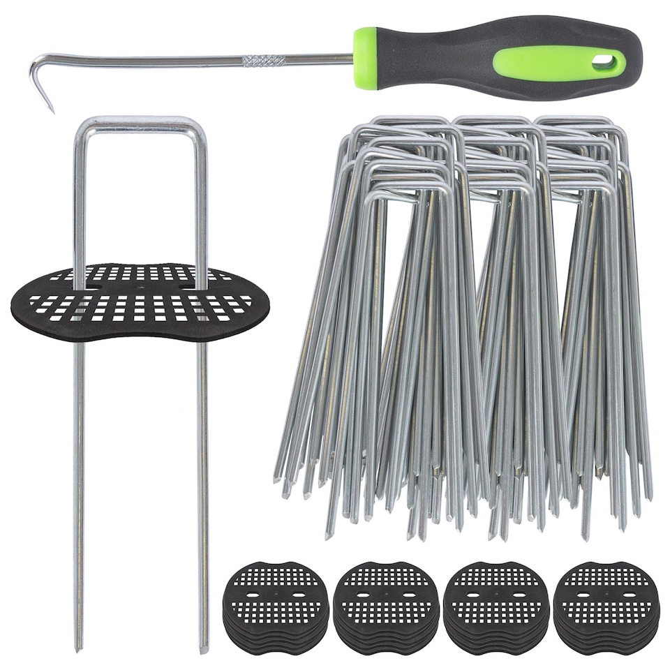 image 1 of Harbour Housewares Garden Pegs, Buffer Washer Plate & Removal Tool Set - 150mm Staples 4mm Thickness Galvanised Steel Stake | Silver | Silver | One Size | 200