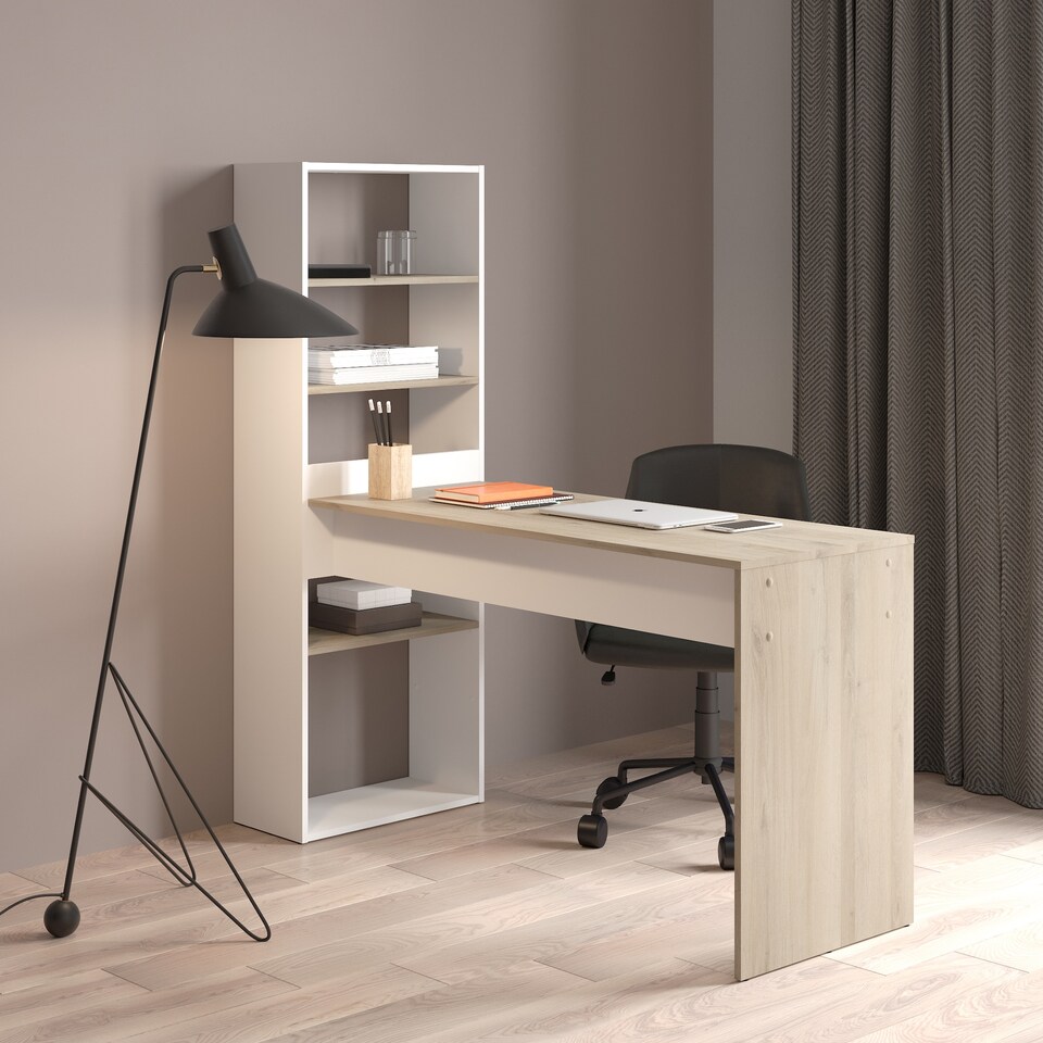 image 1 of FURNICOMP Echo Corner Office Desk with Bookcase - Matt White & Oak