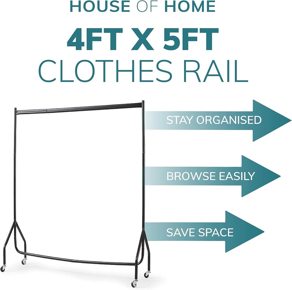 image 1 of House of Home Heavy Duty Clothes Rail 4ft Long x 5ft Tall Black Quality Metal Stand Rack | Black