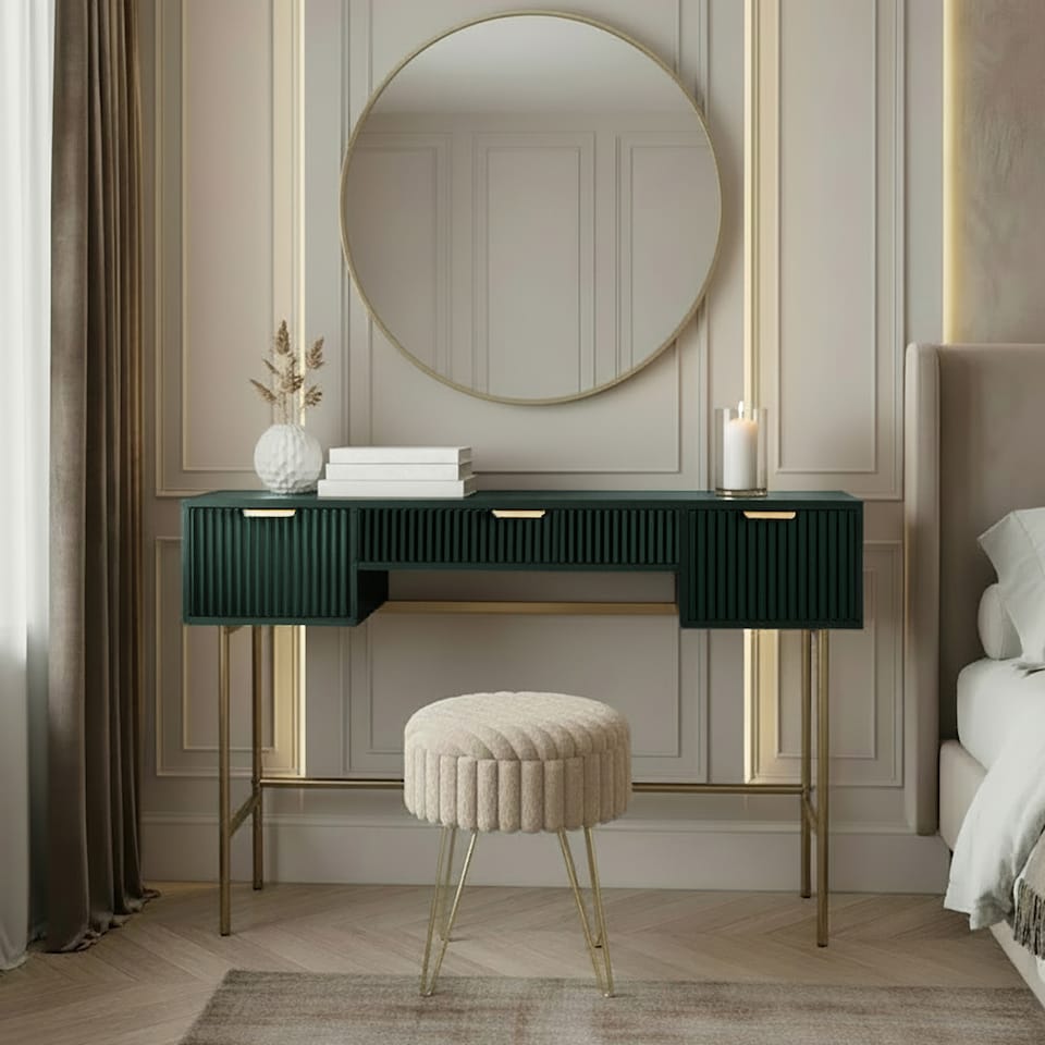 image 1 of OHS Ribbed Dressing Table Vanity Makeup Desk with 3 Drawers | Green | Dark Forest Green