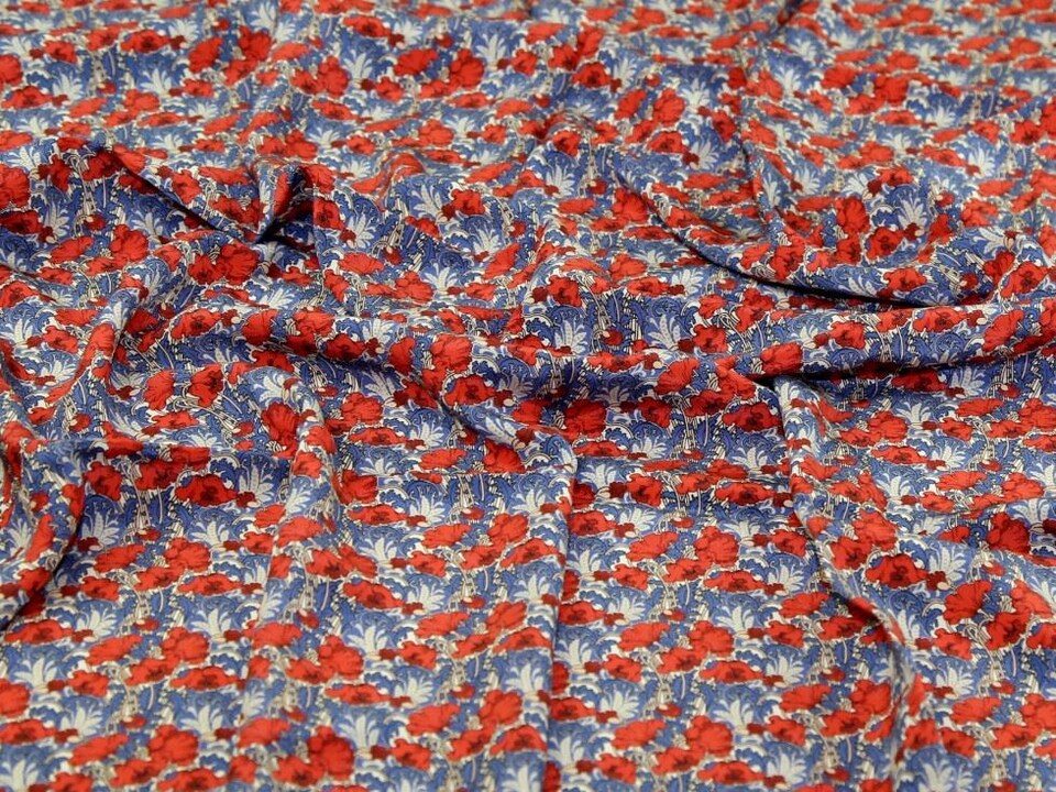 Liberty London Red & Blue Clementina Kensington Silk Crepe de Chine Dressmaking Fabric per metre - 137cm / 53" Wide