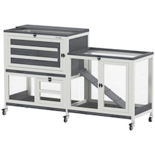 PawHut Rabbit Hutch, 2-Tier Guinea Pig Hutch with Wheels & Trays, Grey
