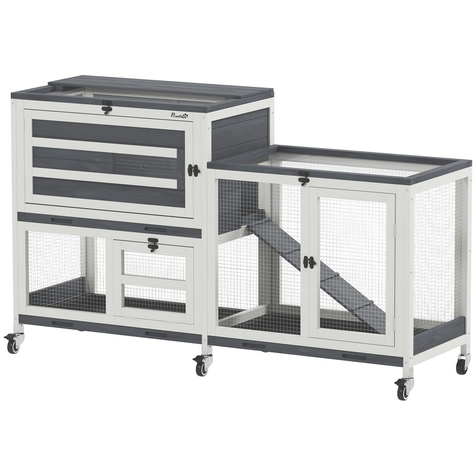 image 1 of PawHut Rabbit Hutch, 2-Tier Guinea Pig Hutch with Wheels & Trays, Grey