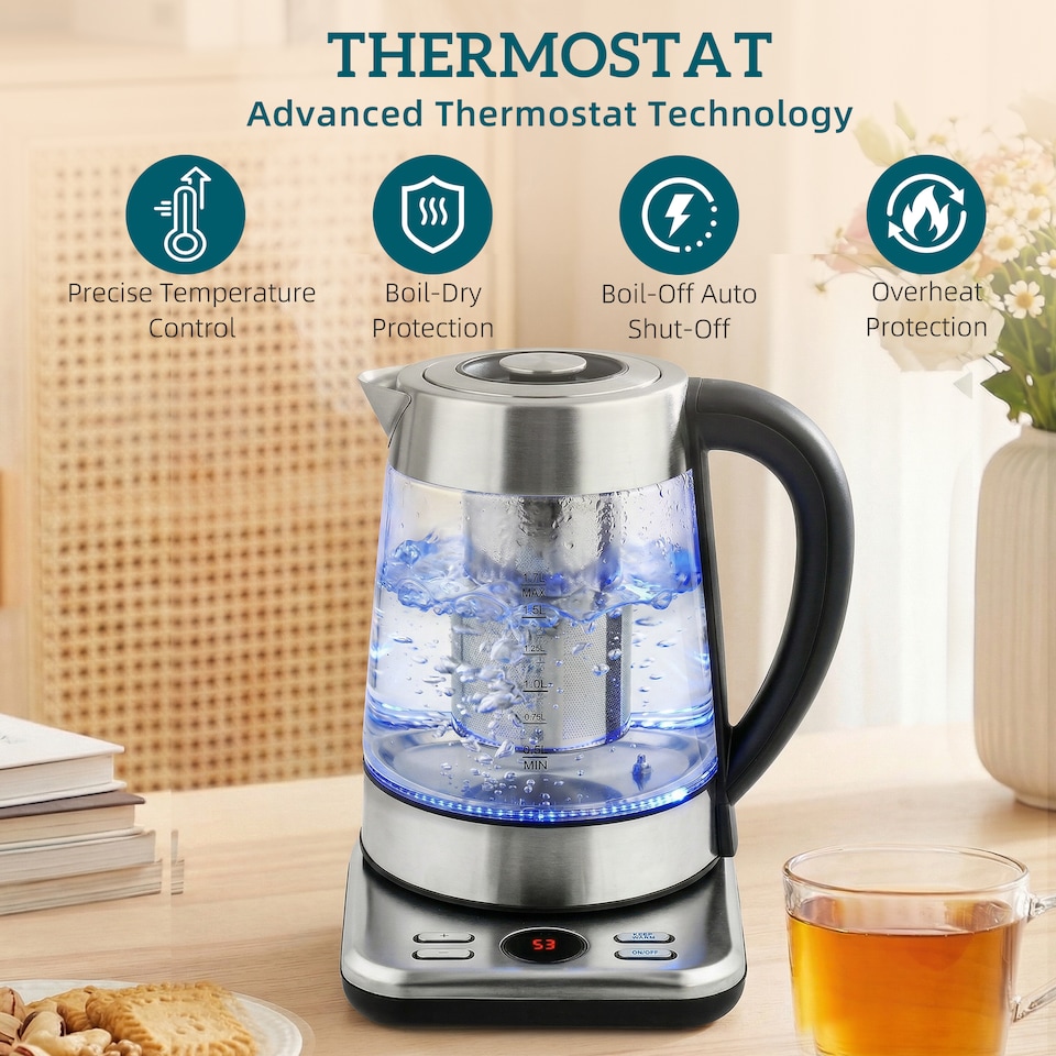 image 1 of HOMCOM Electric Kettle, 1.7L 3KW Water Kettle with UK Strix Thermostat