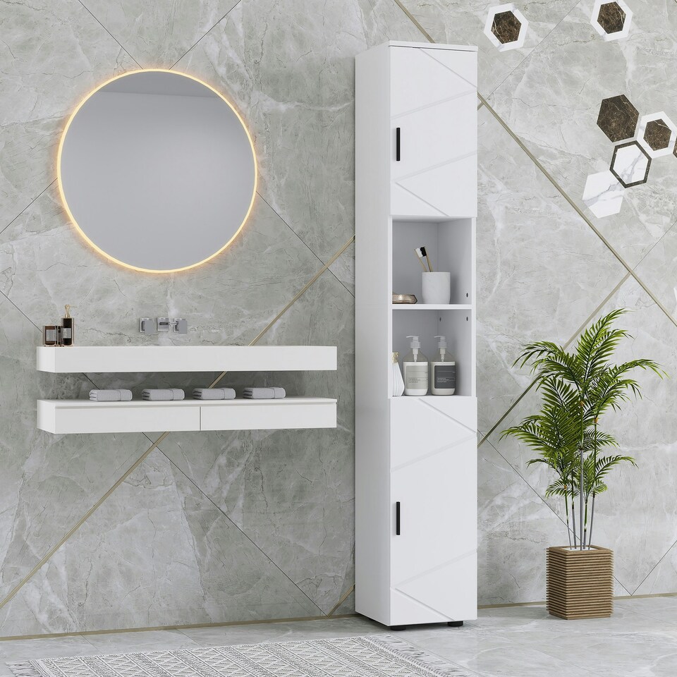 image 1 of kleankin Tall Bathroom Storage Cabinet with Soft Close Mechanism, White White