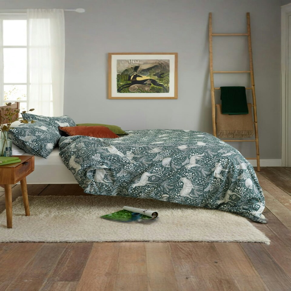 image 1 of Woodland Folk Cotton Blend Duvet Cover Set – Forest Print Bedding Green | King