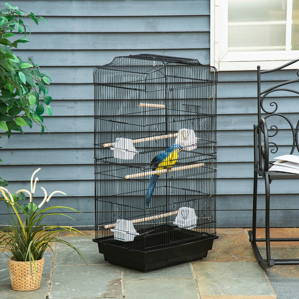 image 1 of PawHut 92cm Large Bird Cage with Stand, Perches, Food Bowls, Swing, Black