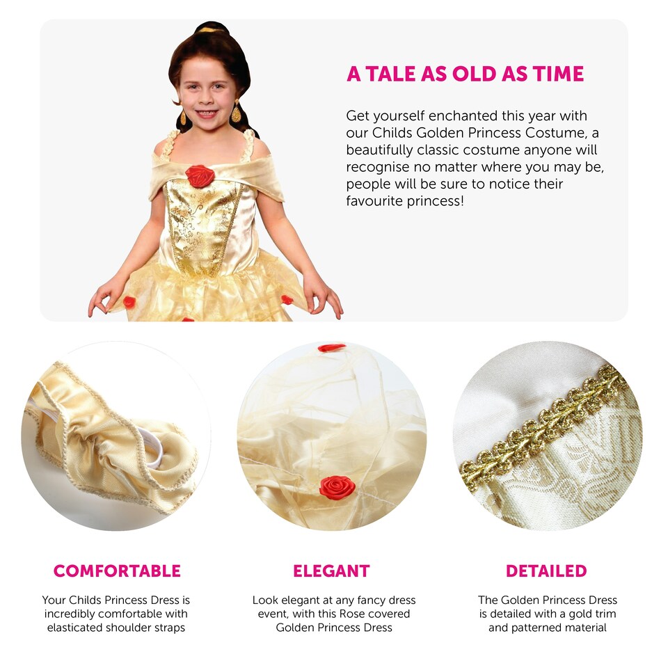 image 1 of Golden Princess Costume Gold Dress, Frilled Skirt & Rose Details | Gold | XL