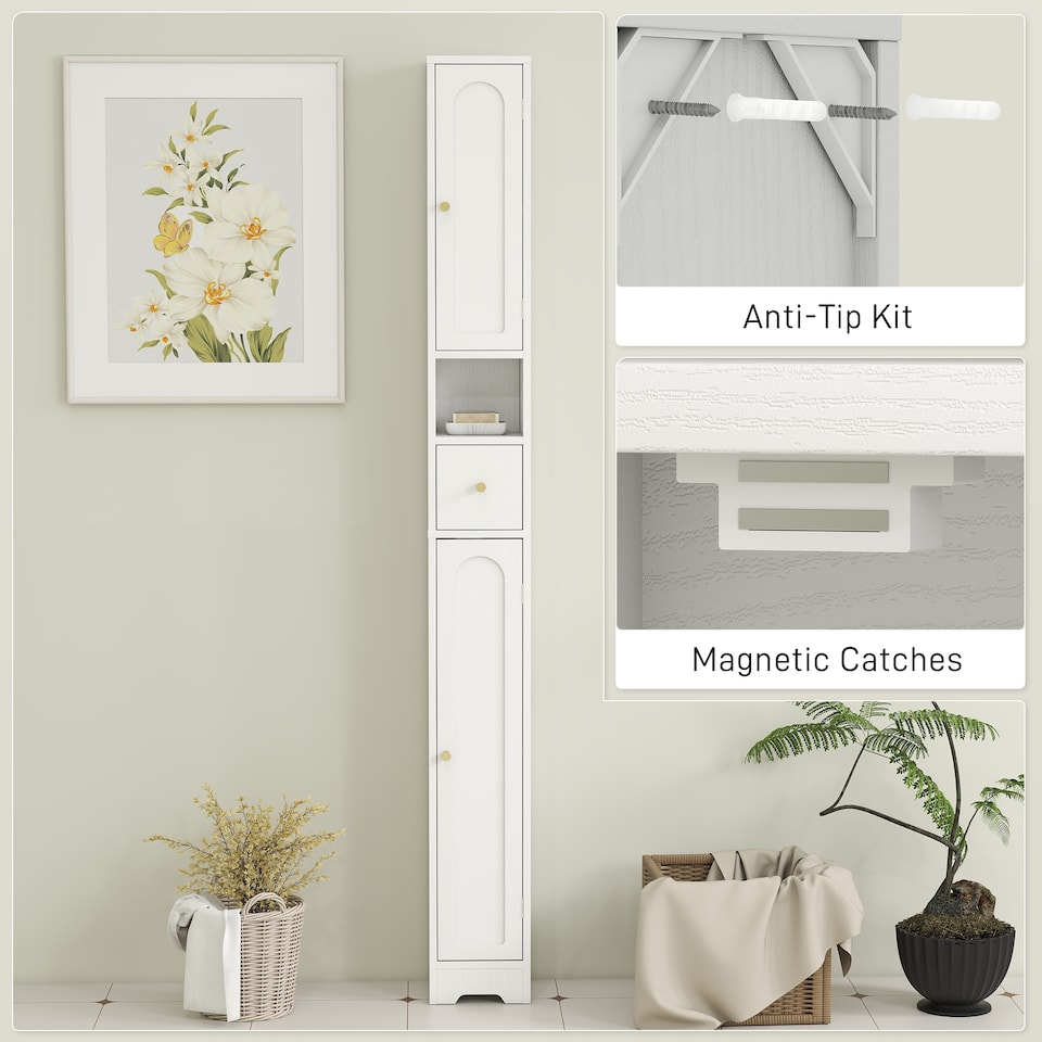 image 1 of HOMCOM 20cm Slim Bathroom Storage Cabinet with Adjustable Shelves White | White