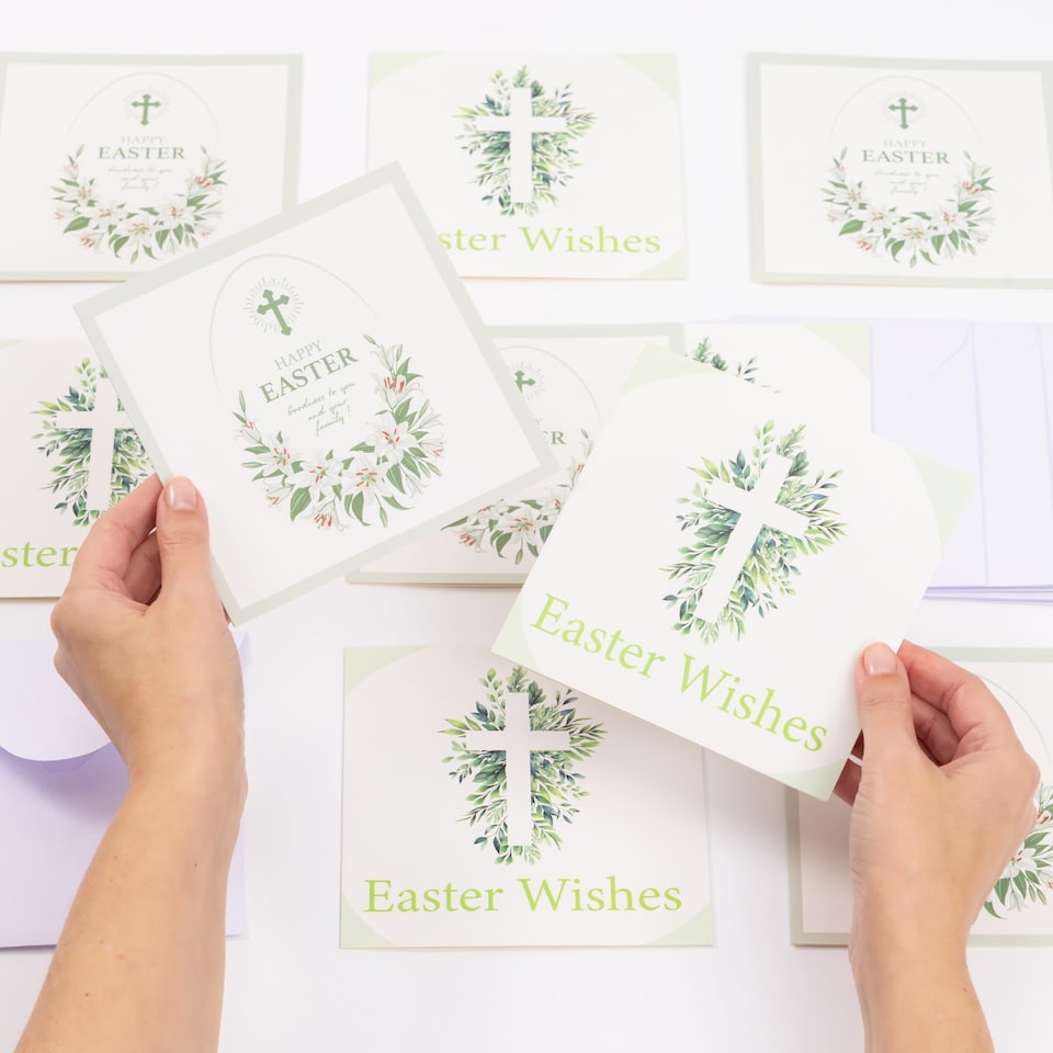 image 1 of Happy Easter Cards Pack of 10 with Envelopes - 14x14cm Square Seasonal Greeting Cards Blank Inside - Religious & Cheerful UK Designed Themes (Lilies) | Multi | Multi