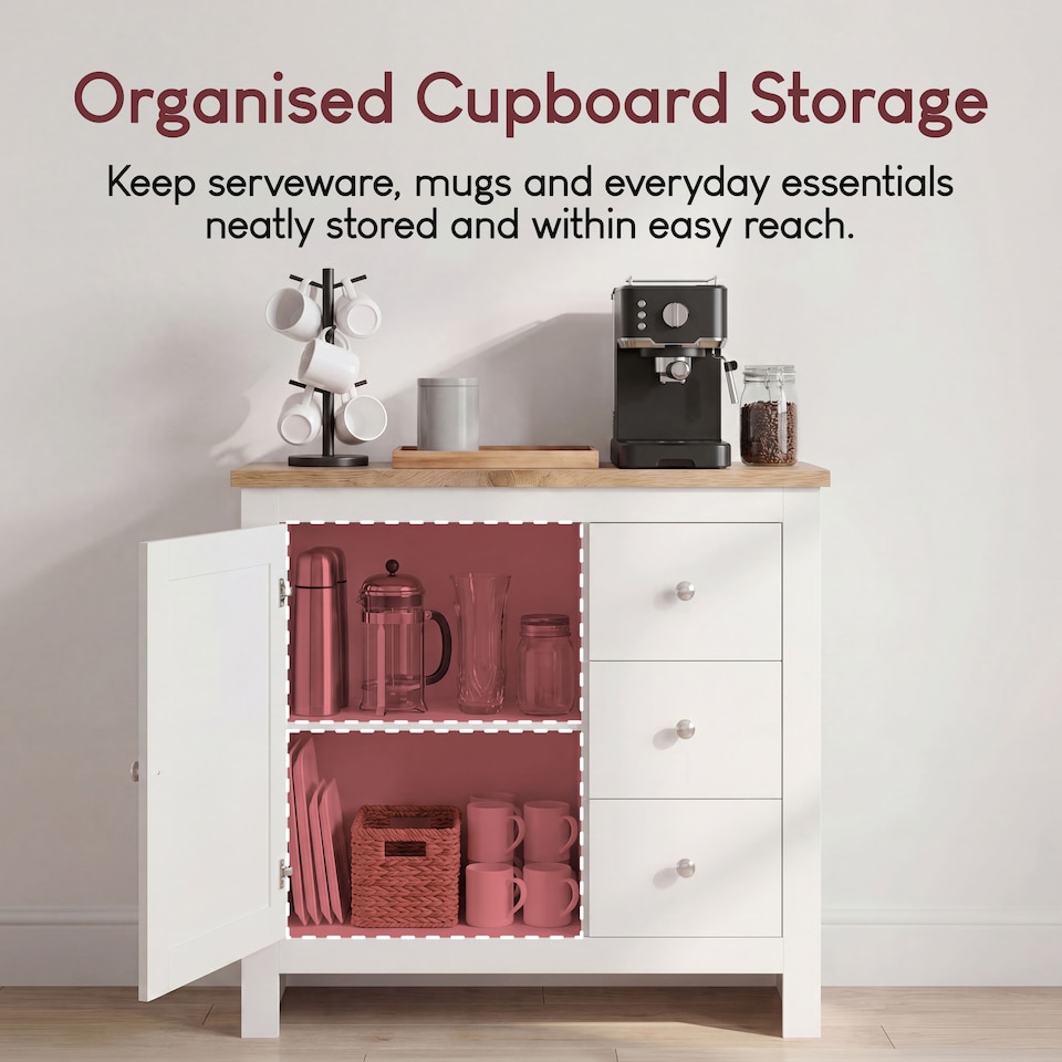 image 1 of Vida Designs Arlington 3 Drawer 1 Door Sideboard Shaker Buffet Cabinet Storage, White & Oak | White | White & Oak | 1