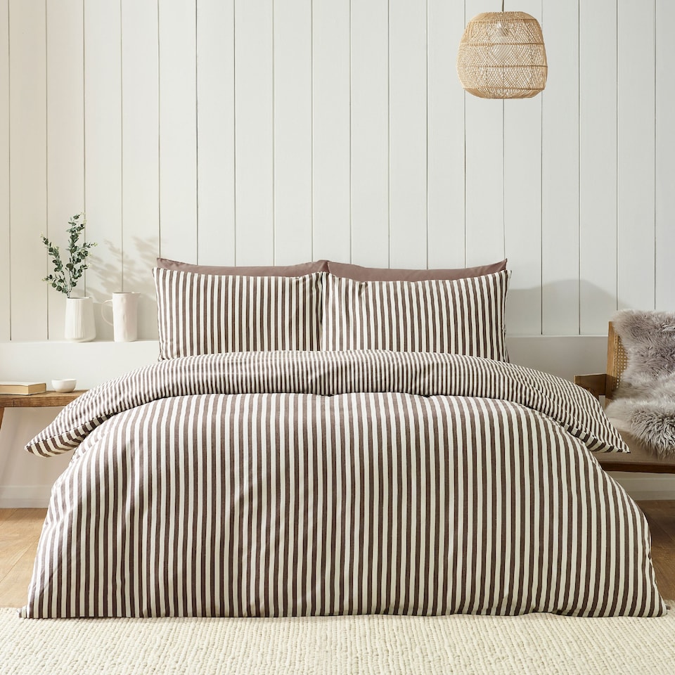 image 1 of Catherine Lansfield Brushed Stripe Cotton Reversible Duvet Cover Set