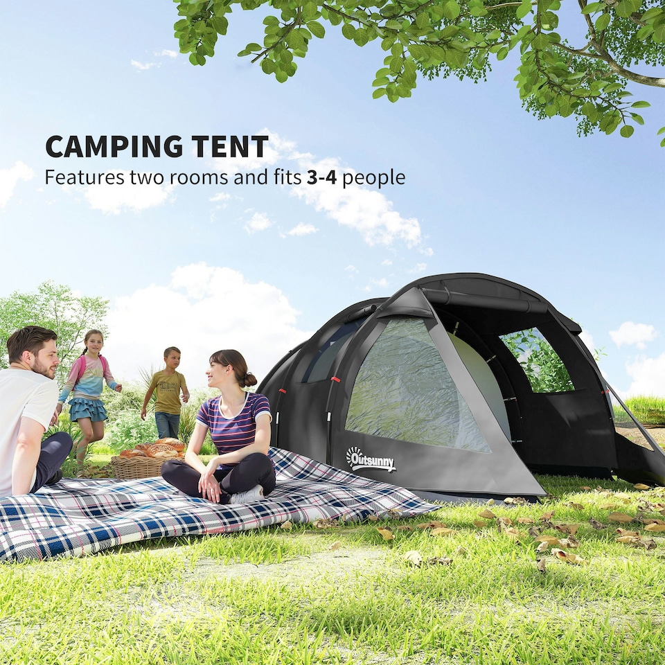 image 1 of Outsunny 3-4 Persons Tunnel Tent, Two Room Camping Tent w/ Windows, Black