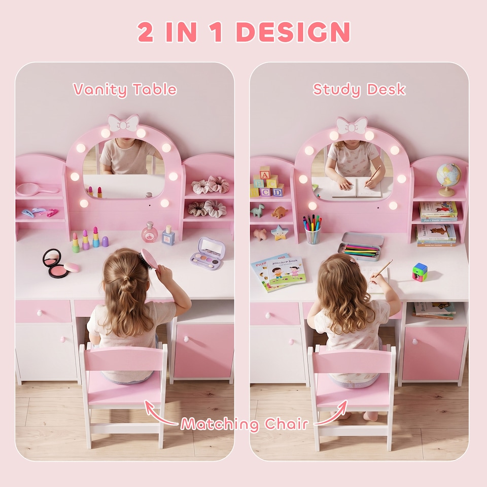 image 1 of AIYAPLAY Kids Dressing Table with Stool, Lighted Mirror, Pink