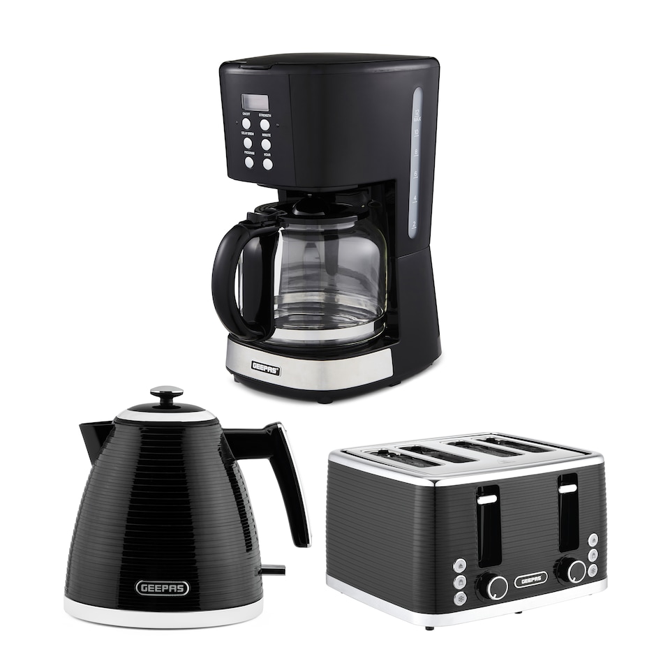 GEEPAS 1.5L Filter Coffee Machine, 1.7L Electric Kettle & 4 Slice Toaster Set