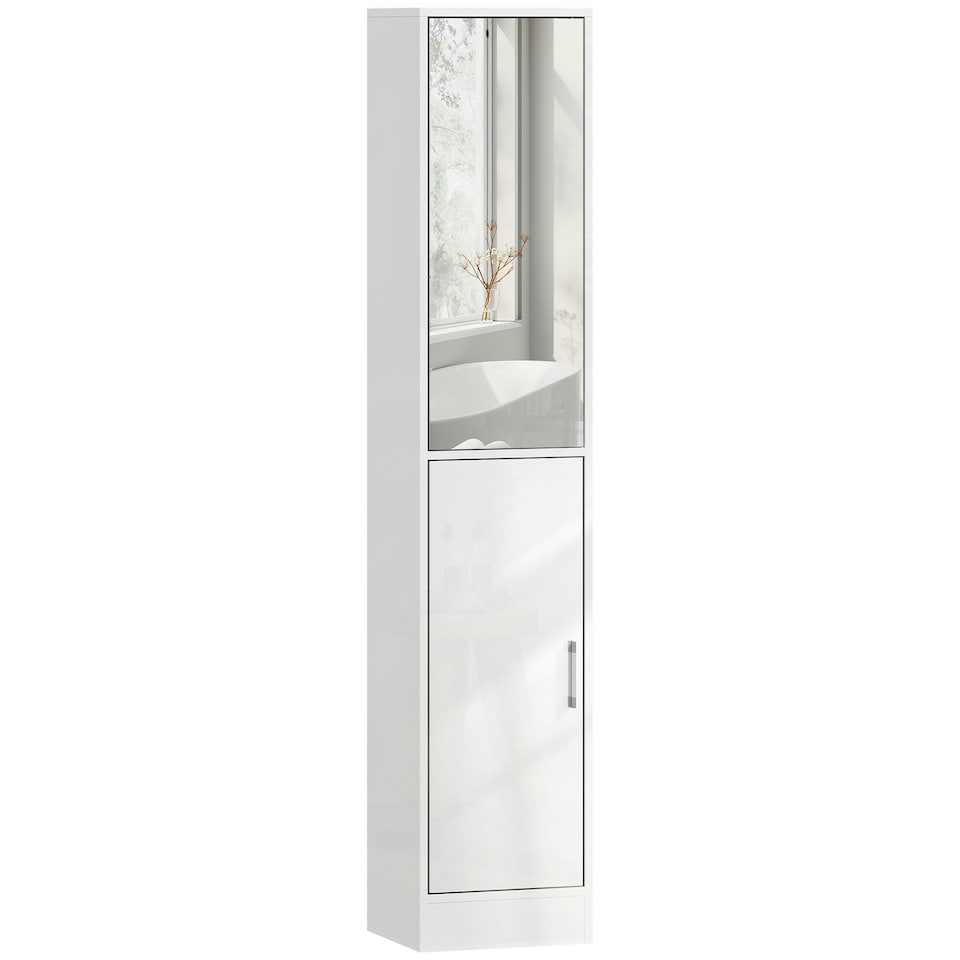 image 1 of kleankin Tall Bathroom Cabinet with Mirror, High Gloss White | White | 162H x 32W x 28D cm
