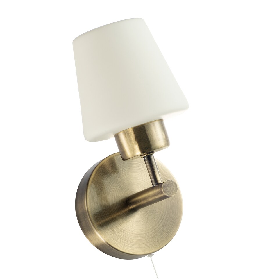 image 1 of Modern Antique Brass and Opal Glass IP44 Rated Bathroom Wall Lighting Fixture | Gold