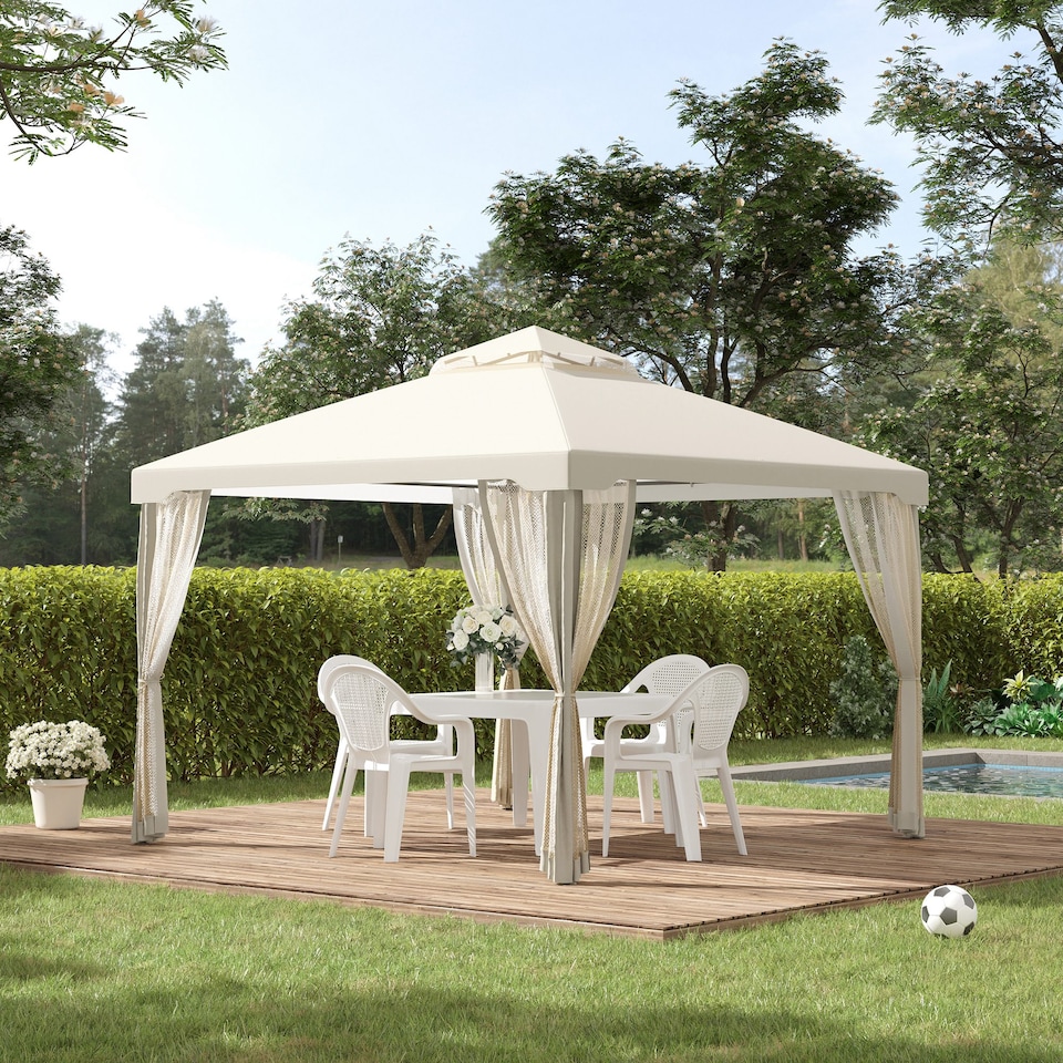 image 1 of Outsunny 3 x 3 m Metal Gazebo Garden Pavillion Double Roof Outdoor Canopy Shelter with Mesh Sidewalls Cream White