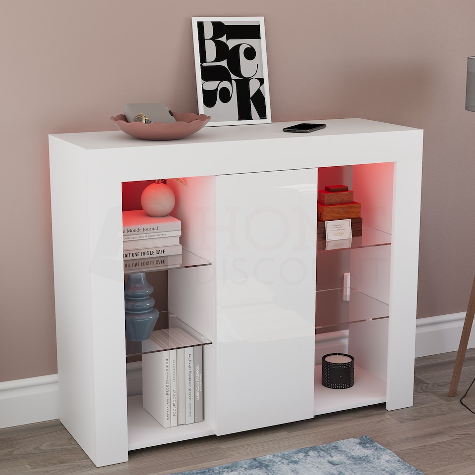 image 1 of Vida Designs Azura 1 Door LED Large Sideboard Buffet Cabinet Storage, White | White | 1