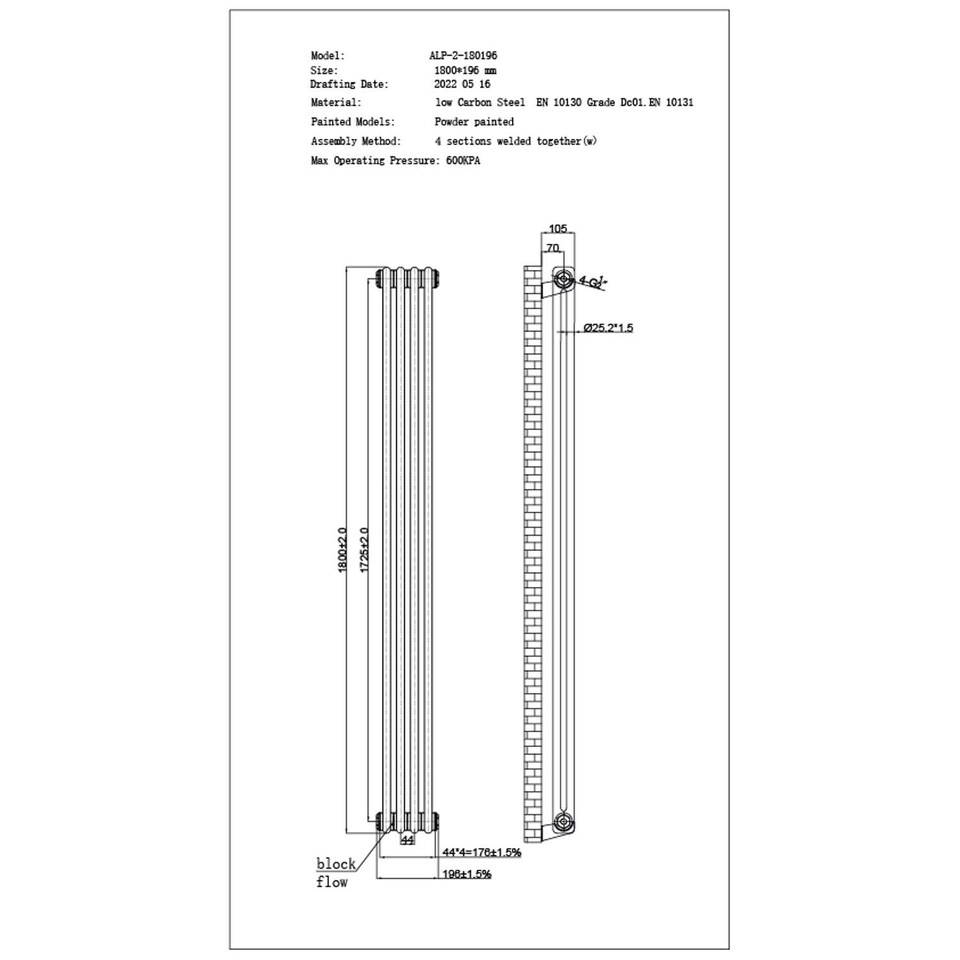 image 1 of Alpha - Black Vertical Column Radiator H1800mm x W196mm 2 Column