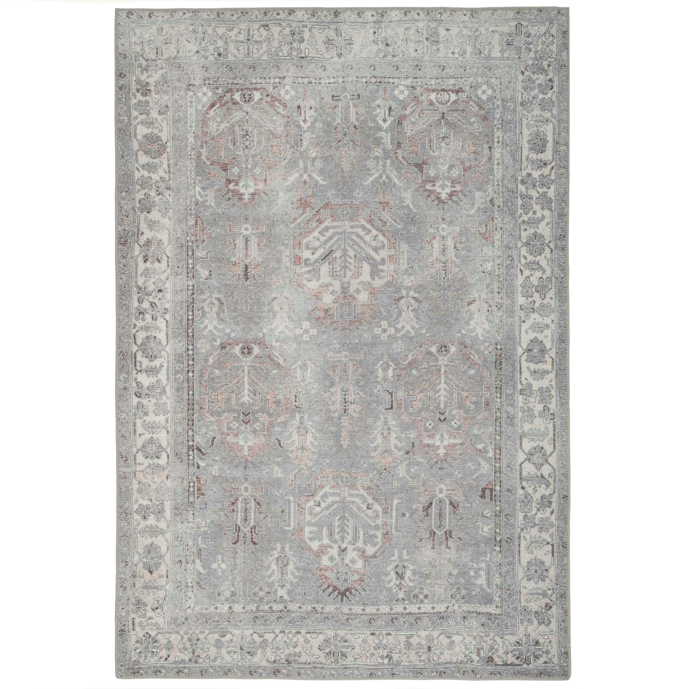 KUKOON Greige Distressed Floral Medallion Non Slip Washable Low Pile Rug 240cm x 330cm | Grey