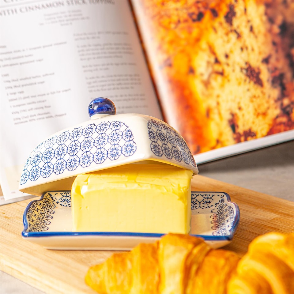 image 1 of Nicola Spring Hand-Printed Butter Dish - 18.5 x 12cm - Navy | Blue | Blue