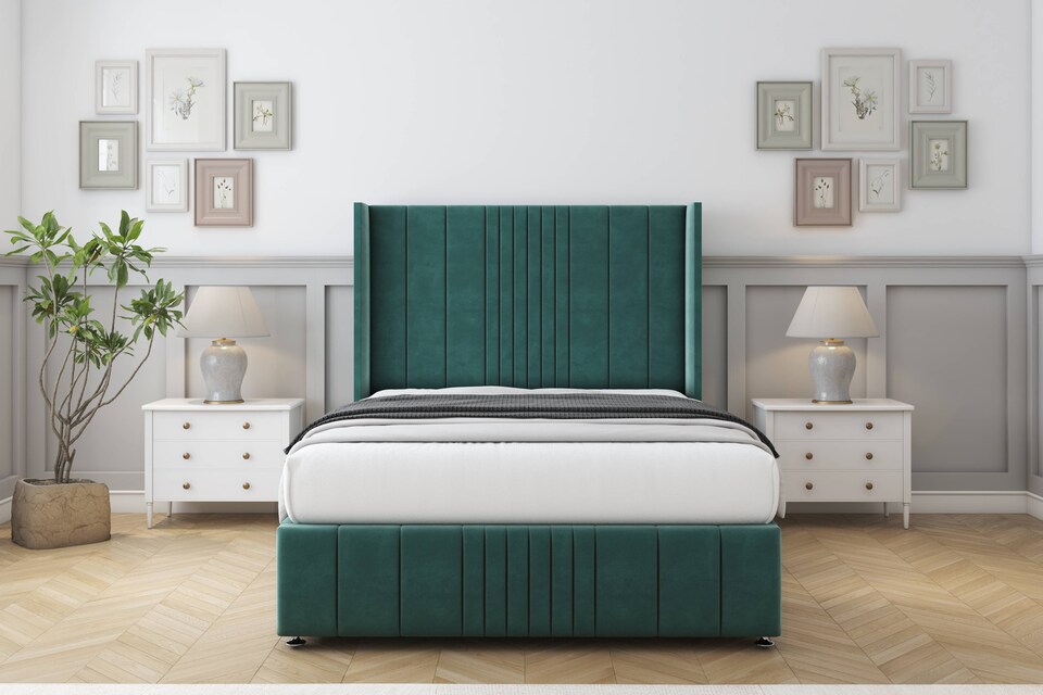 image 1 of Sloomy Hargrave Emerald Plush Divan Bed Base 2 Drawers Foot-End With 54 Inch Wingback Headboard & 12 Inch Matching Footboard | Green | Emerald | Double | 1