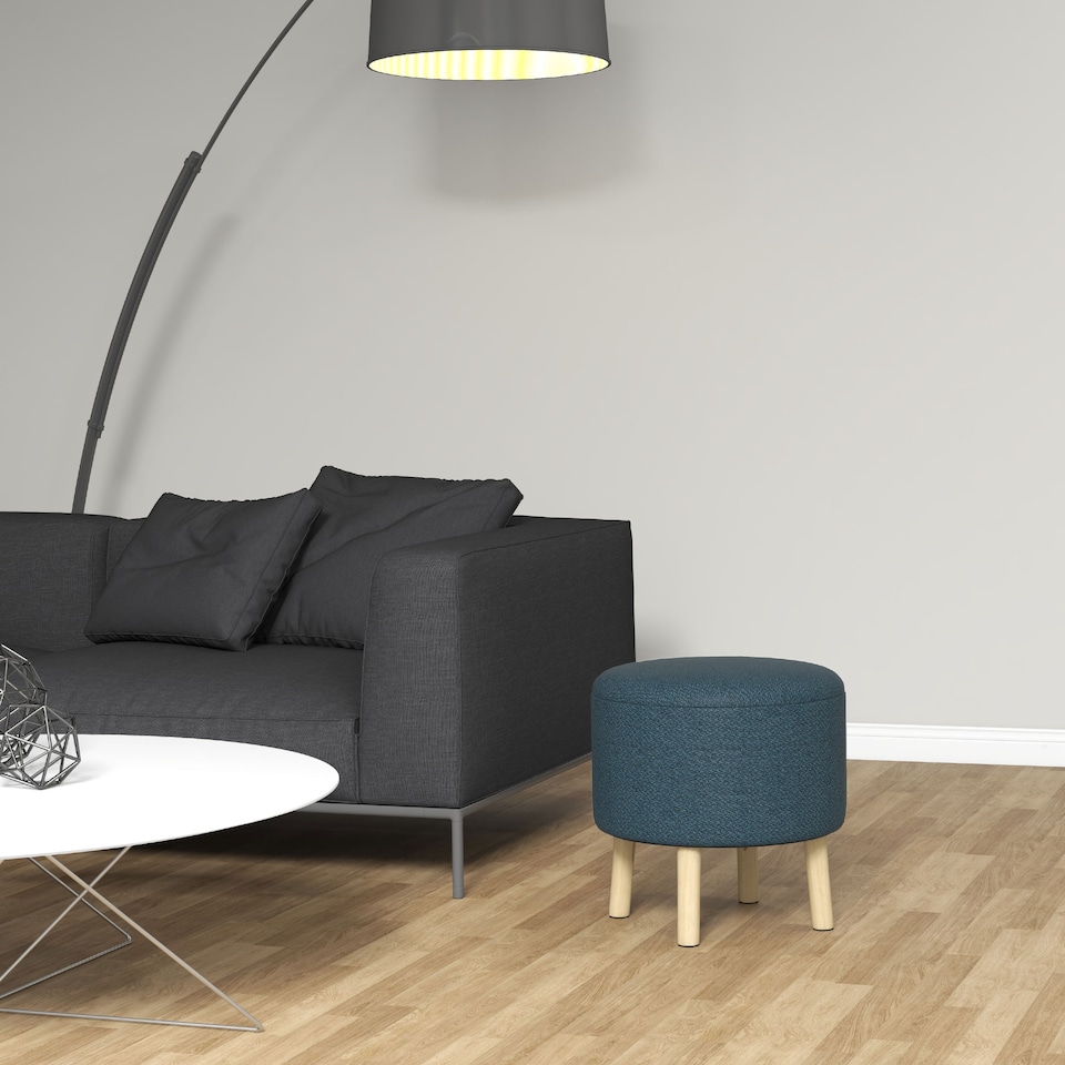 image 1 of HOMCOM Round Storage Stool, Linen Fabric Upholstered Foot Stool with Removable Top, Padded Seat, Hidden Space and Wooden Legs for Living Room, Blue