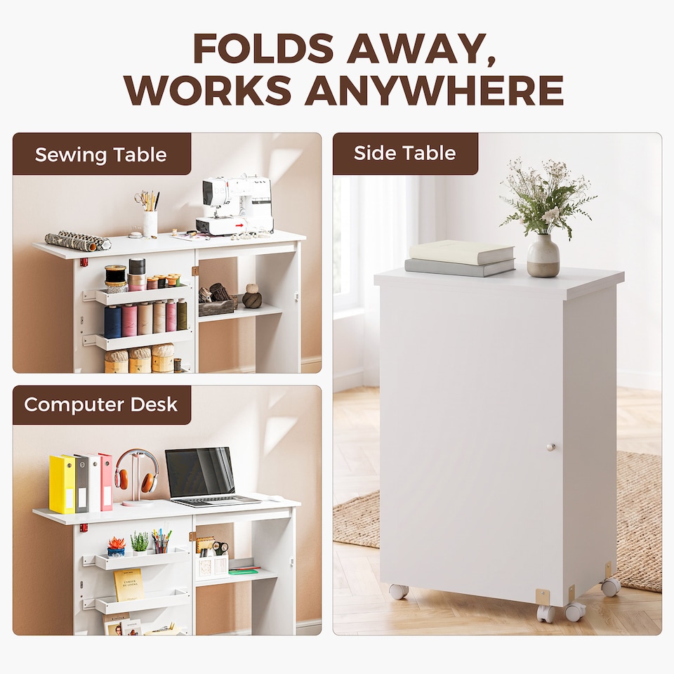image 1 of HOMCOM Folding Sewing Table Rolling Craft Table with Drop Leaf Wheels White | White