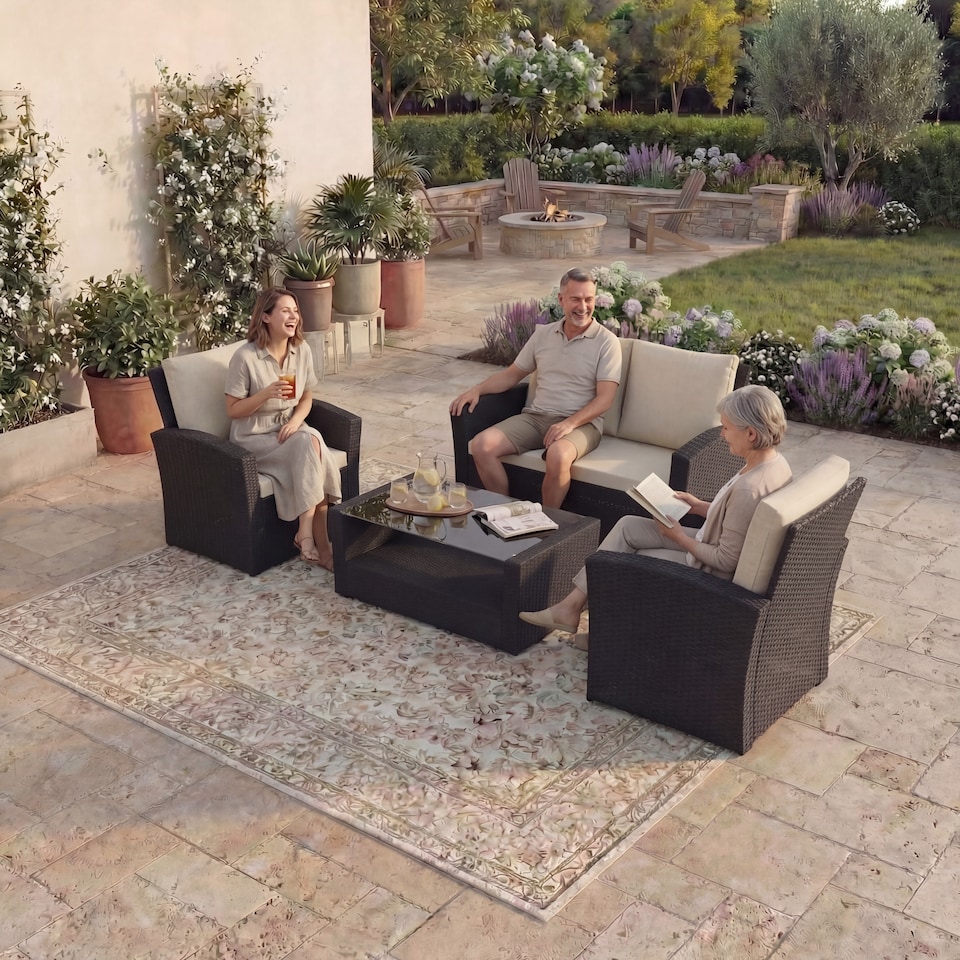 image 1 of Garden Vida Mylor 4 Seater Rattan Set Chair Sofa Coffee Table Outdoor Garden Furniture, Black