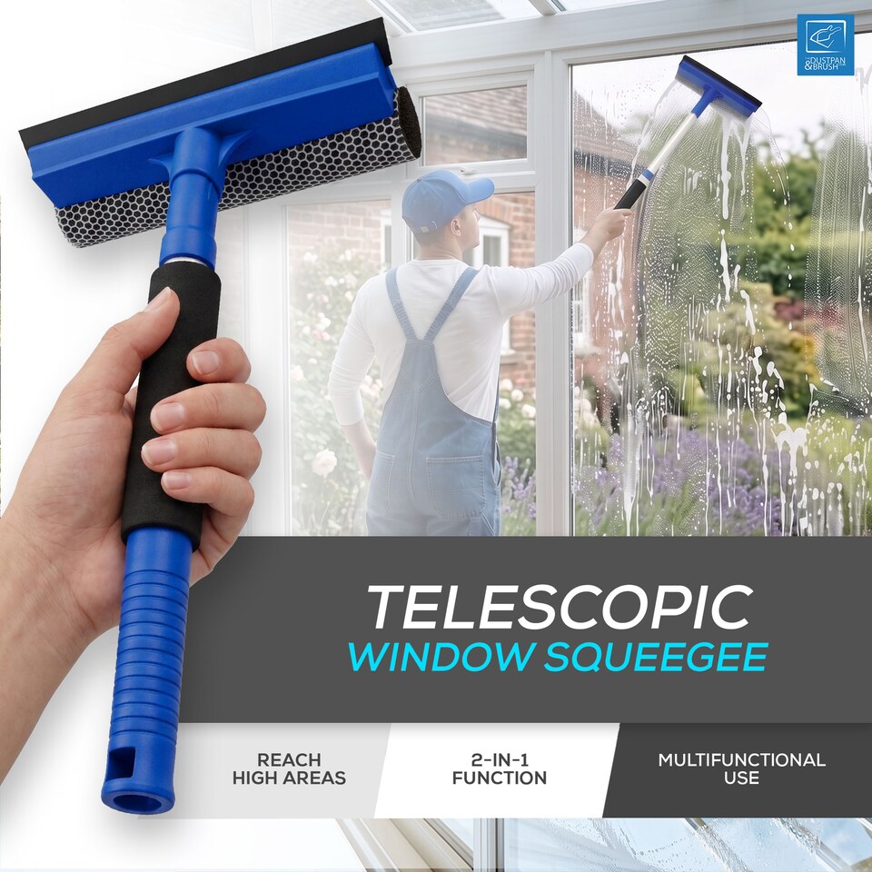 image 1 of Telescopic 2-in-1 Window Squeegee Extendable Glass Cleaner with Sponge Scrubber
