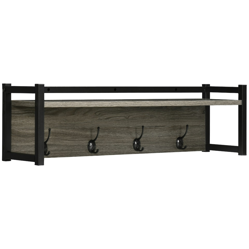 image 1 of HOMCOM Rustic Wall-Mounted Coat Rack Floating Shelf with 4 Hooks for Entryway