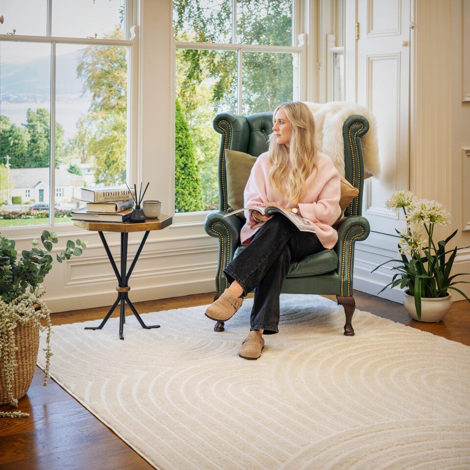 image 1 of KUKOON Retro Grooves Plush Pile Cream Beige Living Room Area Rug 240cm x 330cm