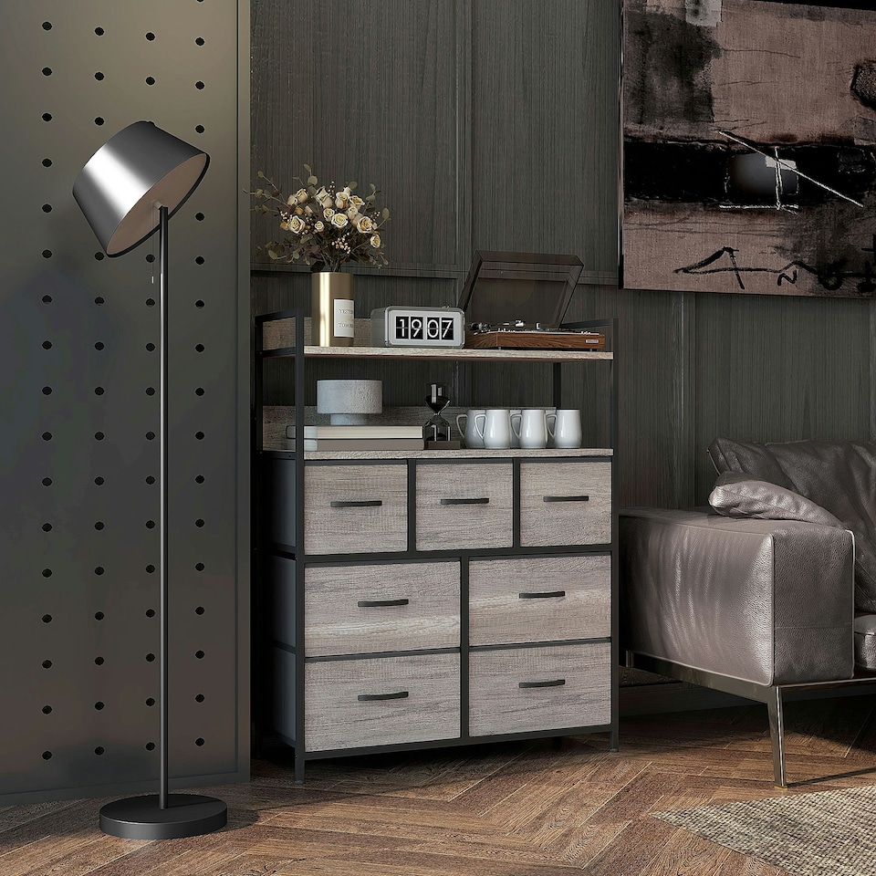 image 1 of HOMCOM Bedroom Chest of Drawers 7 Drawer Dresser w/ Shelves, Grey Wood Effect