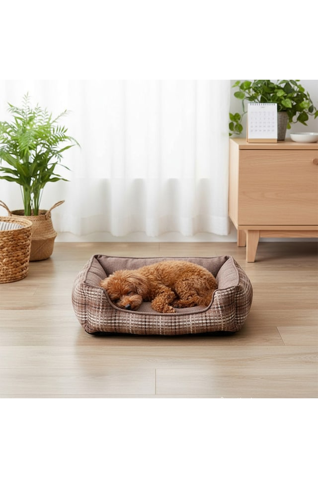 image 1 of Living and Home Linen Woven Pet Bed with Anti-Slip Bottom for Cats & Dogs | Brown | Brown Plaid | M