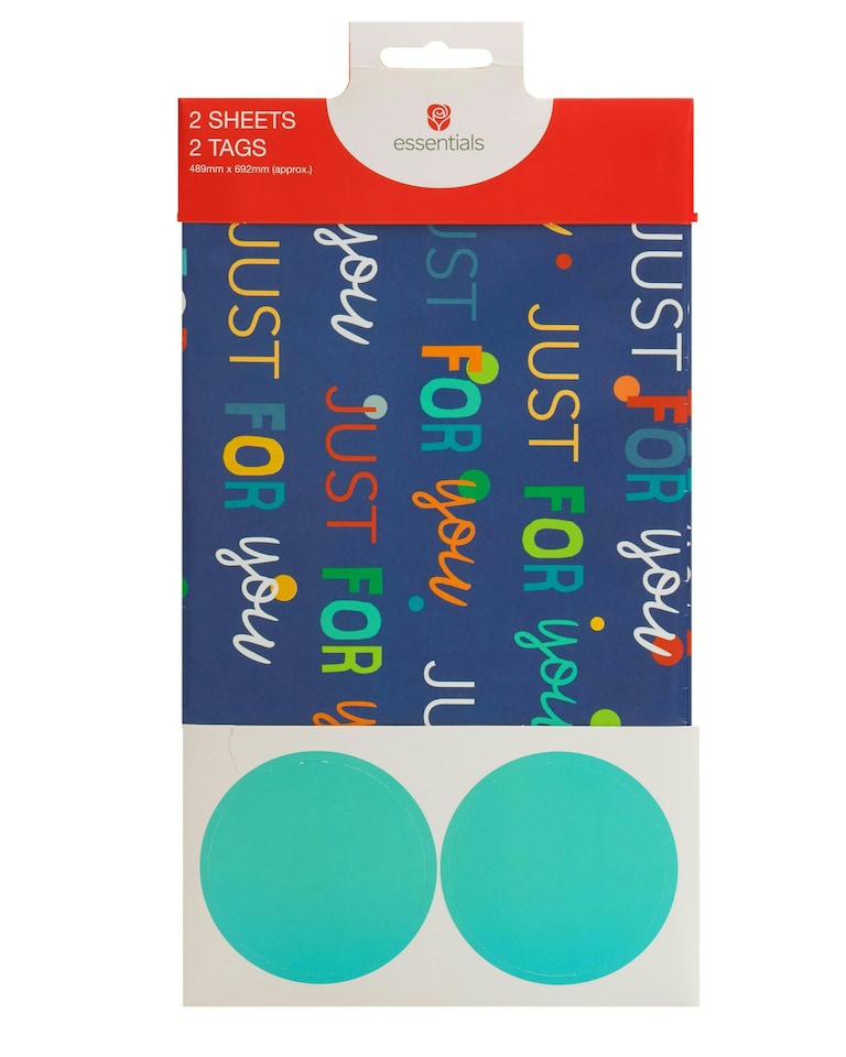 image 1 of Multipack of 6 Sheets of Wrapping Paper & 6 Tags | Birthdays | For Him | Just for You Design | Blue