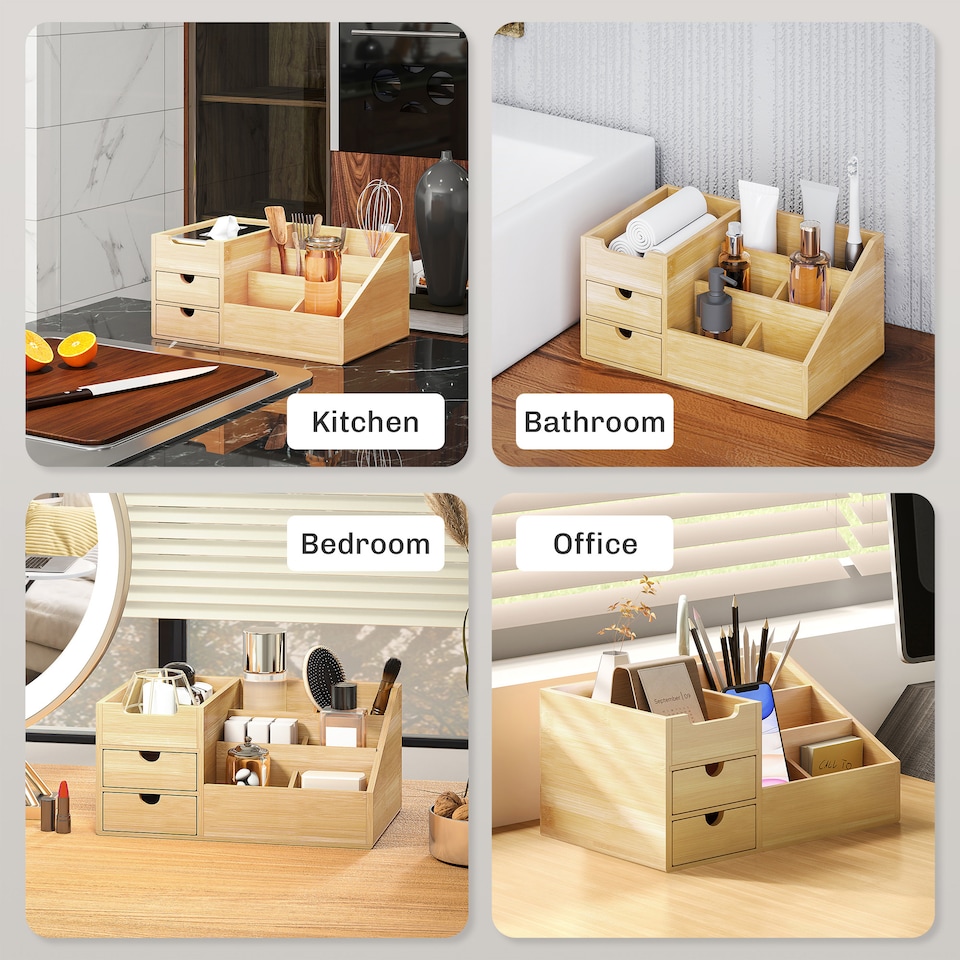 image 1 of HOMCOM Organiser Holder Multi-Function Storage Caddy Drawers Natural Bamboo