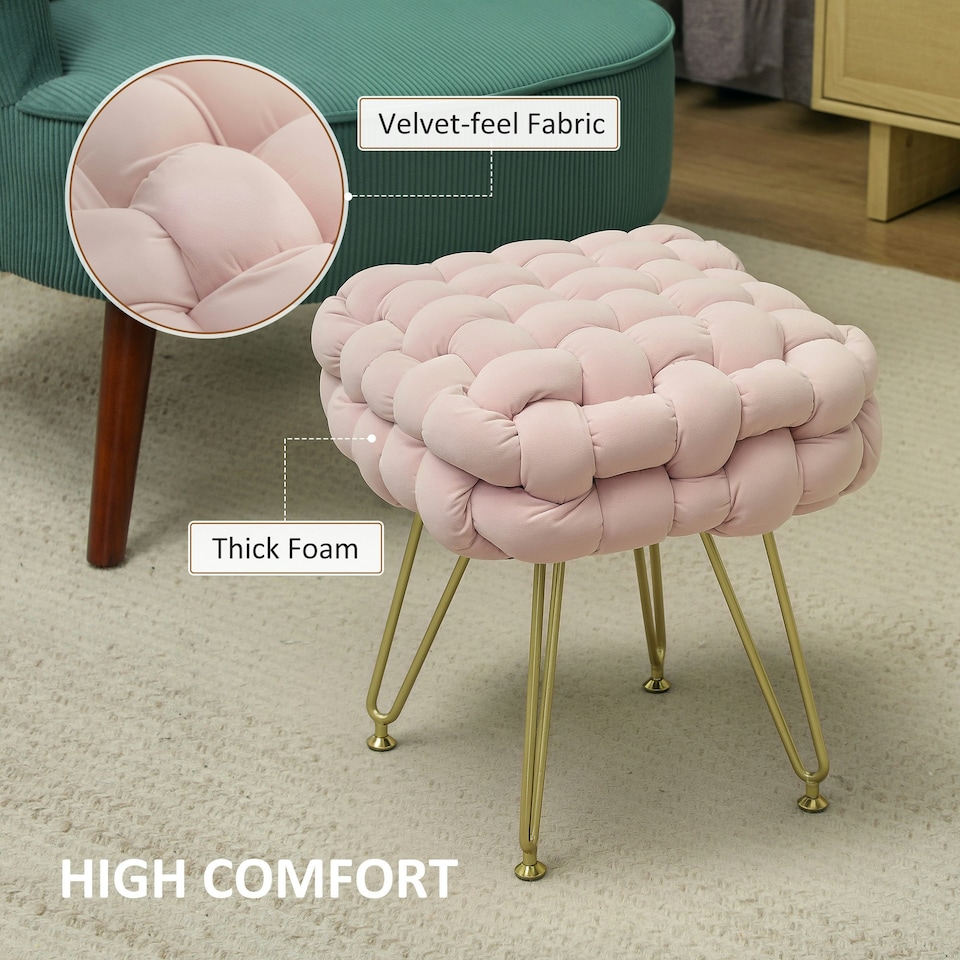 image 1 of HOMCOM Woven Velvet Foot Stool with Steel Legs for Living Room, Pink