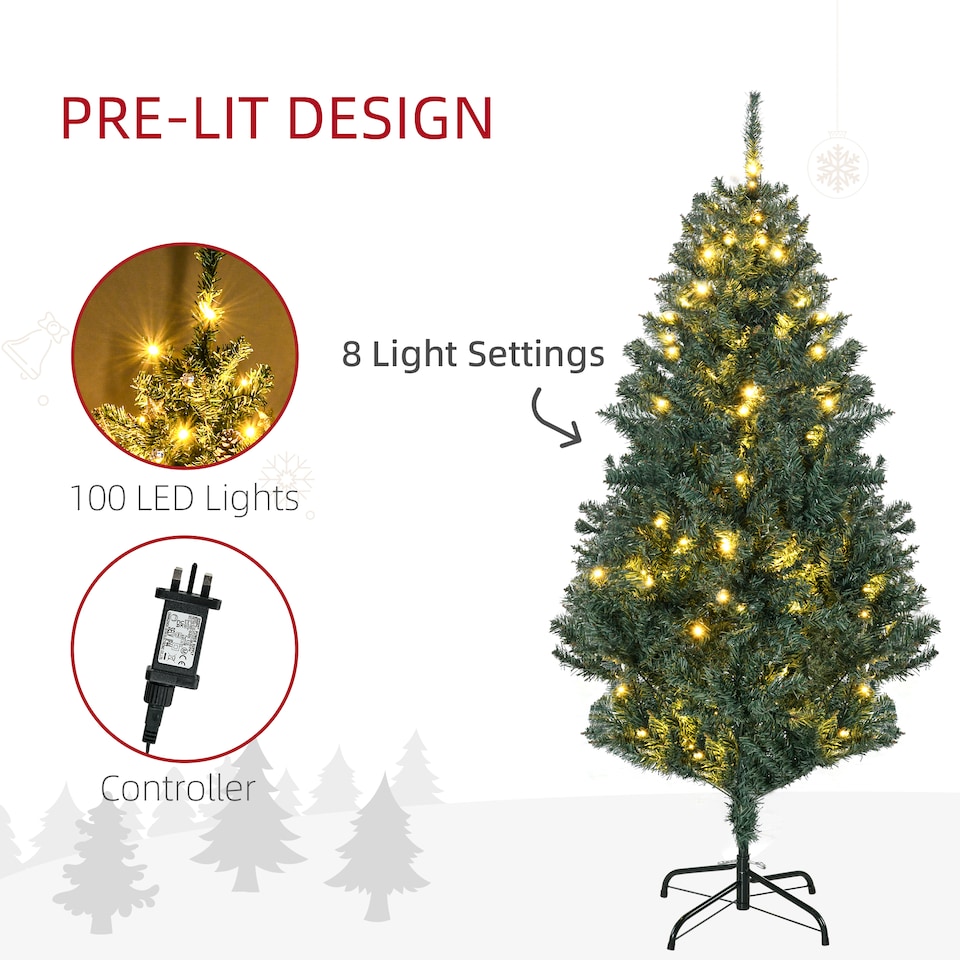 image 1 of HOMCOM 5ft Pre Lit Artificial Christmas Tree Holiday Decor with 100 Warm White LED Lights and 472 Tips, Banner, Ball, Tag, Tree Decoration, Auto Open
