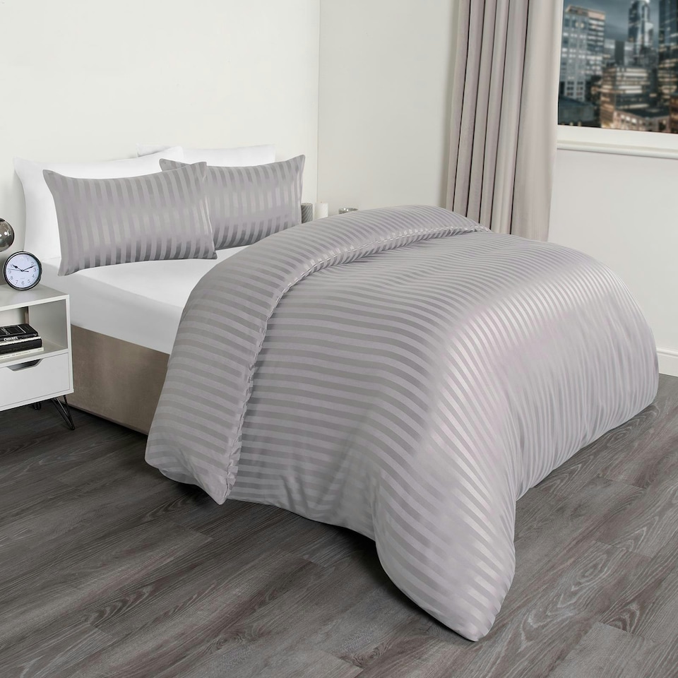 image 1 of OHS Hotel Quality Satin Stripe Duvet Cover and Pillowcase Set, Single - Silver