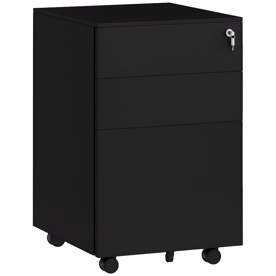 image 1 of Vinsetto 3-Drawer Vertical Filing Cabinet with Pencil Tray, Lock and 5 Wheels, Steel Mobile File Cabinet, for A4, Legal and Letter Size, Pre-Assembled Body, Black