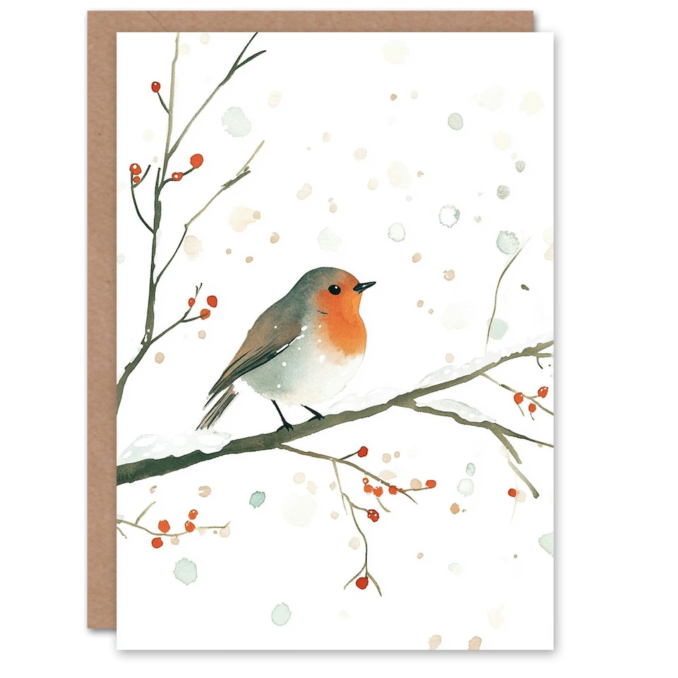 image 1 of Robin Bird Snow Winter Berry Tree Festive Xmas Blank Christmas Card