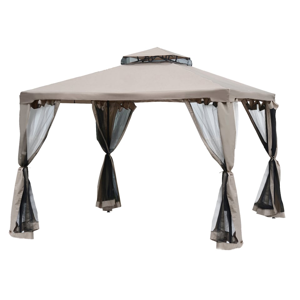 image 1 of Outsunny 3 x 3 m Metal Gazebo Garden Pavillion Double Roof Outdoor Canopy Shelter with Mesh Sidewalls Taupe