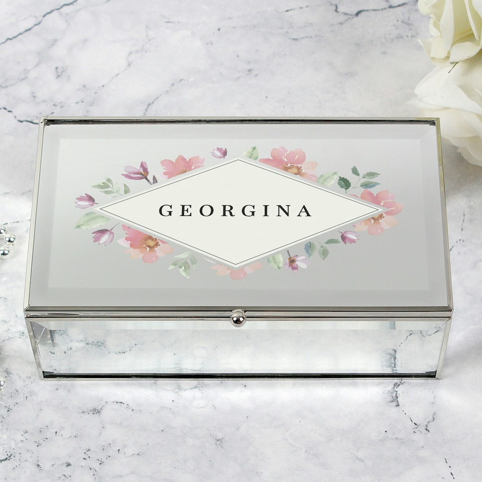 image 1 of Personalised Floral Watercolour Mirrored Jewellery Box