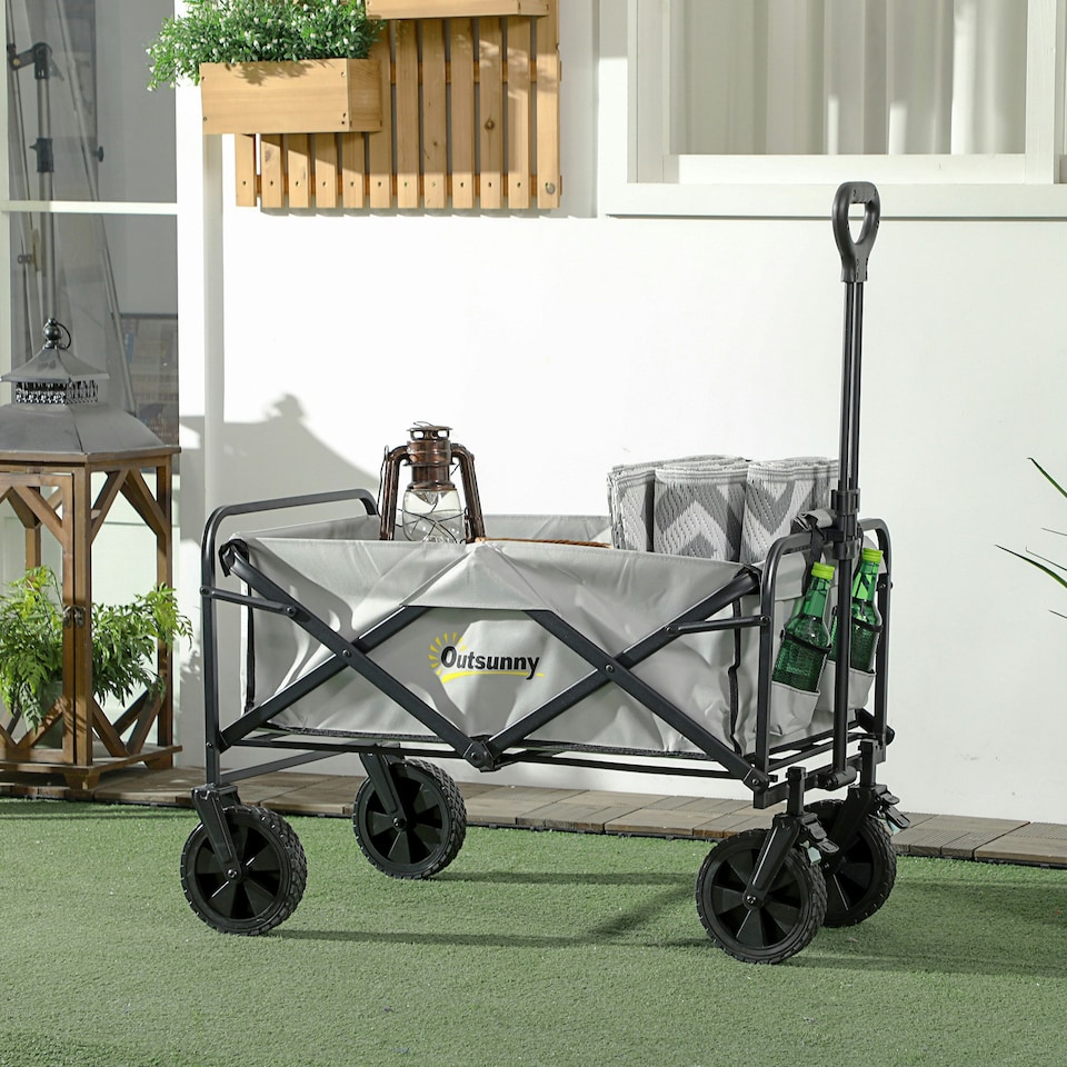 image 1 of Outsunny Folding Outdoor Storage Trolley Cart Bag Telescopic Handle Brakes Grey