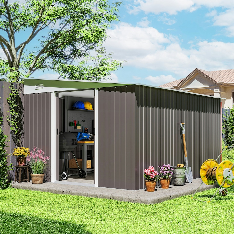 image 1 of Outsunny 11.3x9.2ft Steel Garden Storage Shed w/ Sliding Doors & 2 Vents, Grey