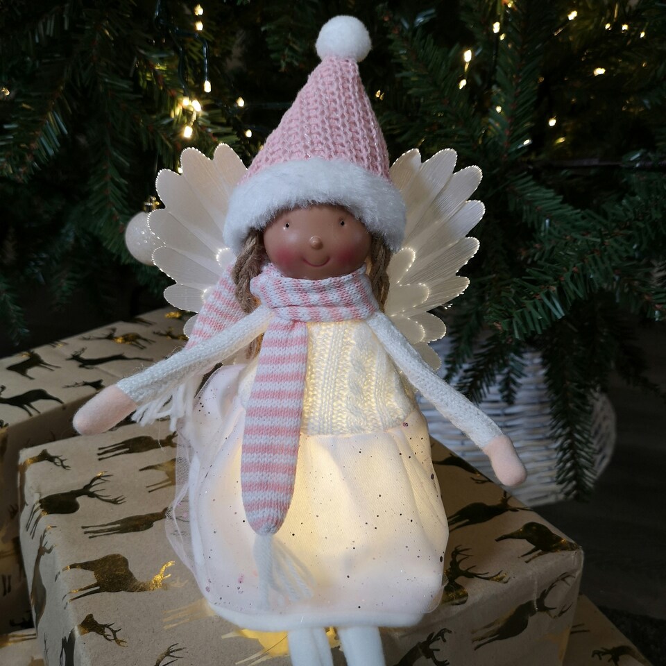 image 1 of 50cm Premier Christmas Lit Sitting Angel Decoration with Dangly Legs in Pink