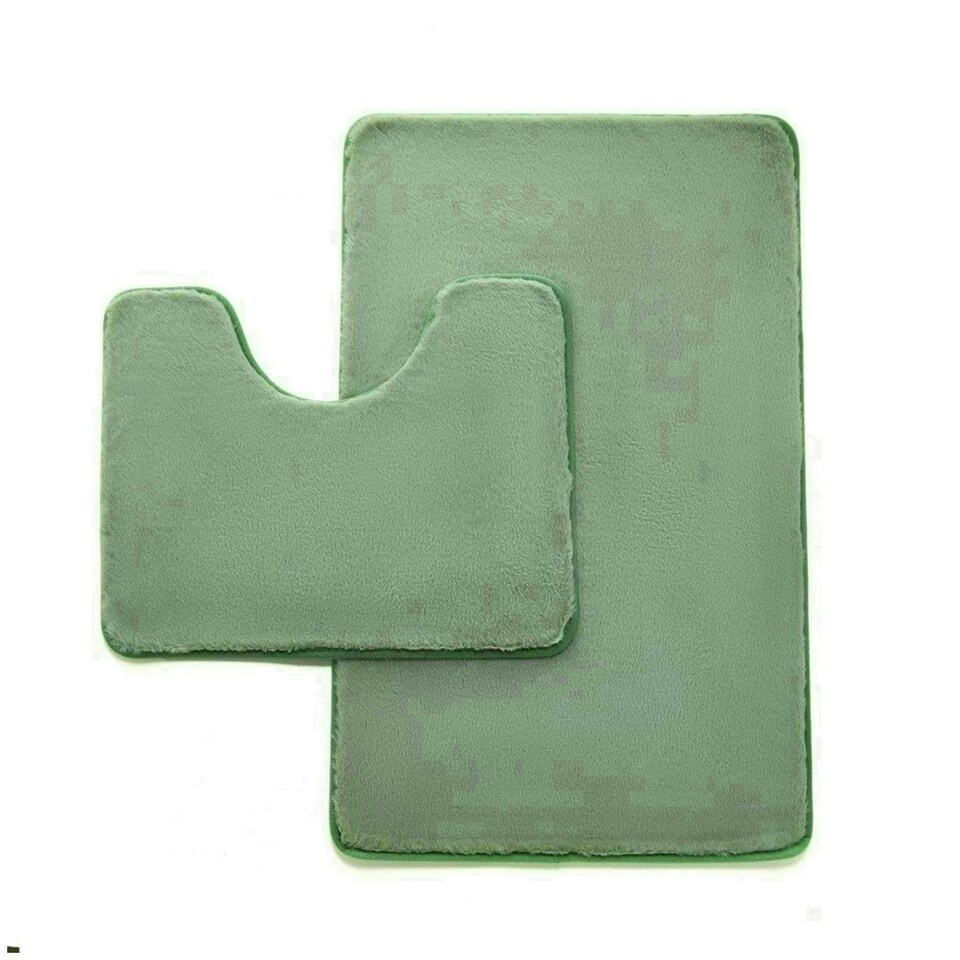 image 1 of VELVETIO Faux Fur Bath Mat Set Shaggy Super Soft Plush Anti Slip PVC Back Green | Sage Green