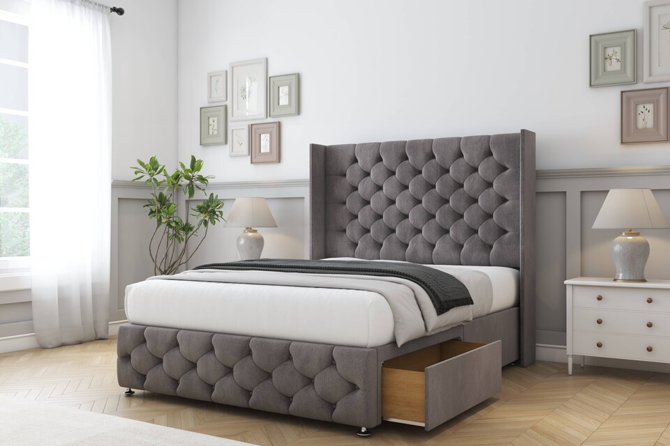image 1 of Sloomy Luthor Slate Naples Divan Bed Base 2 Drawers Foot-End With 54 Inch Wingback Headboard & 12 Inch Matching Footboard | Grey | Slate | Super King | 1